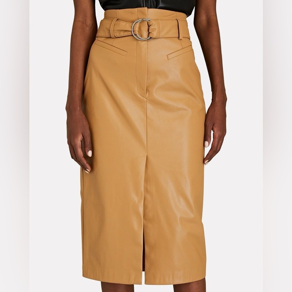 076 INTERMIX | EUC Joanna Belted Vegan Tan Leather Midi Skirt (Size 2) - Picture 3 of 11